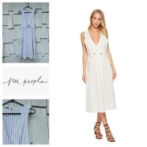 Free People Diana White Striped Wrap Midi Dress Cotton‎ Sleeveless Size M Medium
